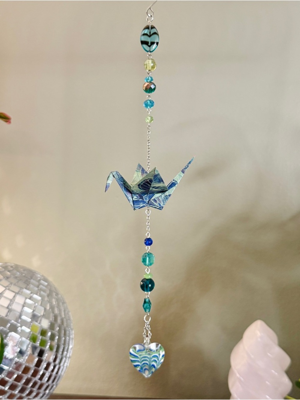 Origami Ornament #2526 - Medium Crane with Striped Glass Heart Pendant